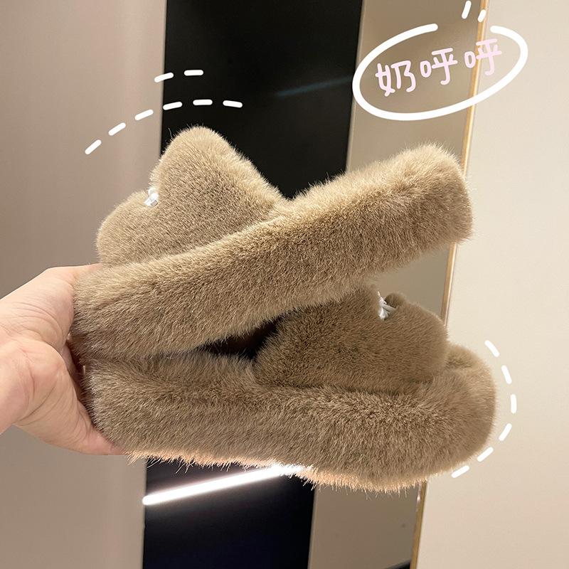 2025 Mao Mao Slippers Women's New Autumn and Winter Outer Wear One-word Flat-bottomed Warm Thick-bottomed Open-toed Slippers
