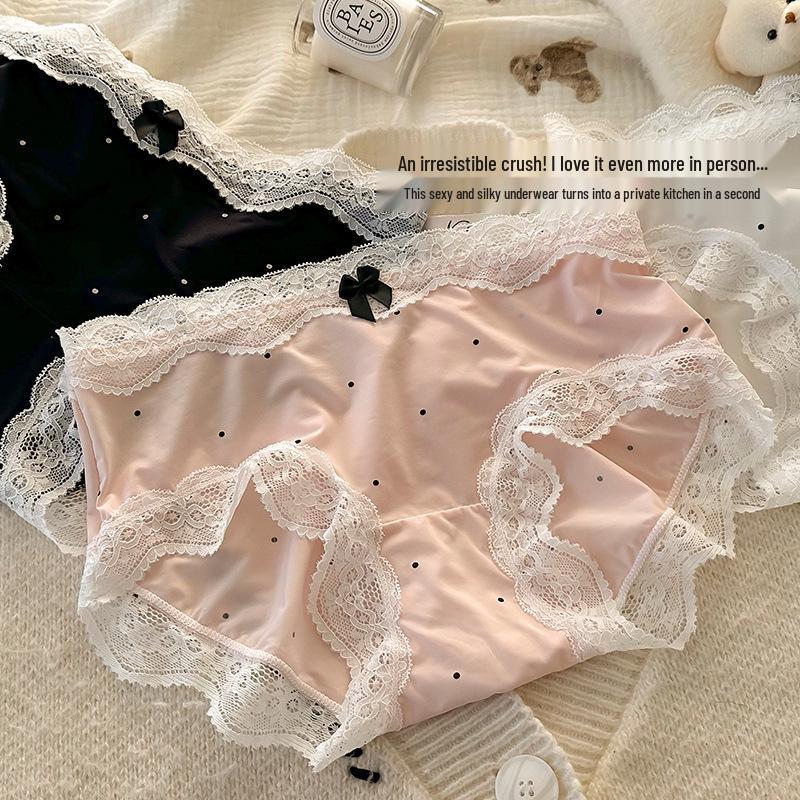 French Retro Polka Dot Lace Triangle Panties with Bowknot for Women