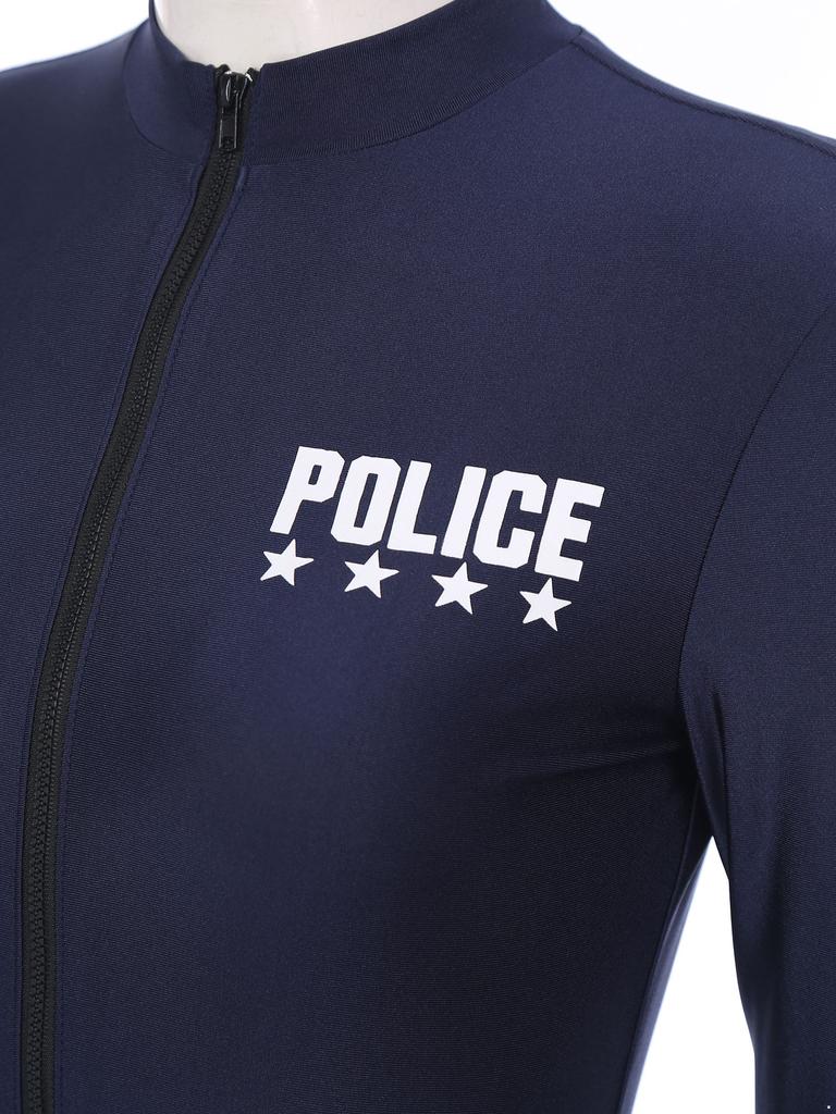 Womens Police Uniform Bodysuit Front Zipper Long Sleeve Print Design Belt Purse Included Cosplay Costume