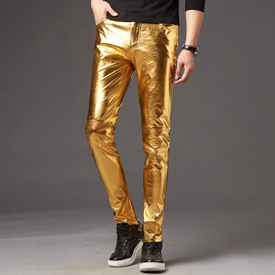 Herren Bleistifthosen Helle Oberfläche Einfarbige Reißverschlussleiste Mittlere Taille Hosen Kunstleder Schmal Geschnitten Motorradhosen Streetwear