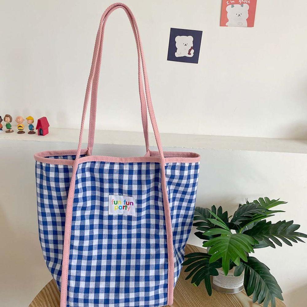 

Large Capacity Plaid Canvas Bucket Bag Korean Style Shoulder Bag Cute Vacation Tote Bag Travel
