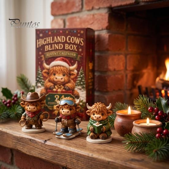 24-Tage-Countdown-Box Hochlandrind Adventskalender 2026, Weihnachten mit Acryl 2D Rinderliebhaber Geschenk Mini-Figur, Bauernhoftier Baumhänge-Dekoration für