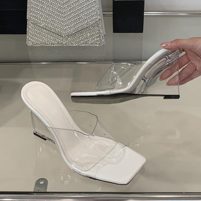 Summer Fashion Wide Square Open Toe Perspex Wedges Slipper Clear High Heels PVC Transparent Shoes Women Sandals Size 35-40