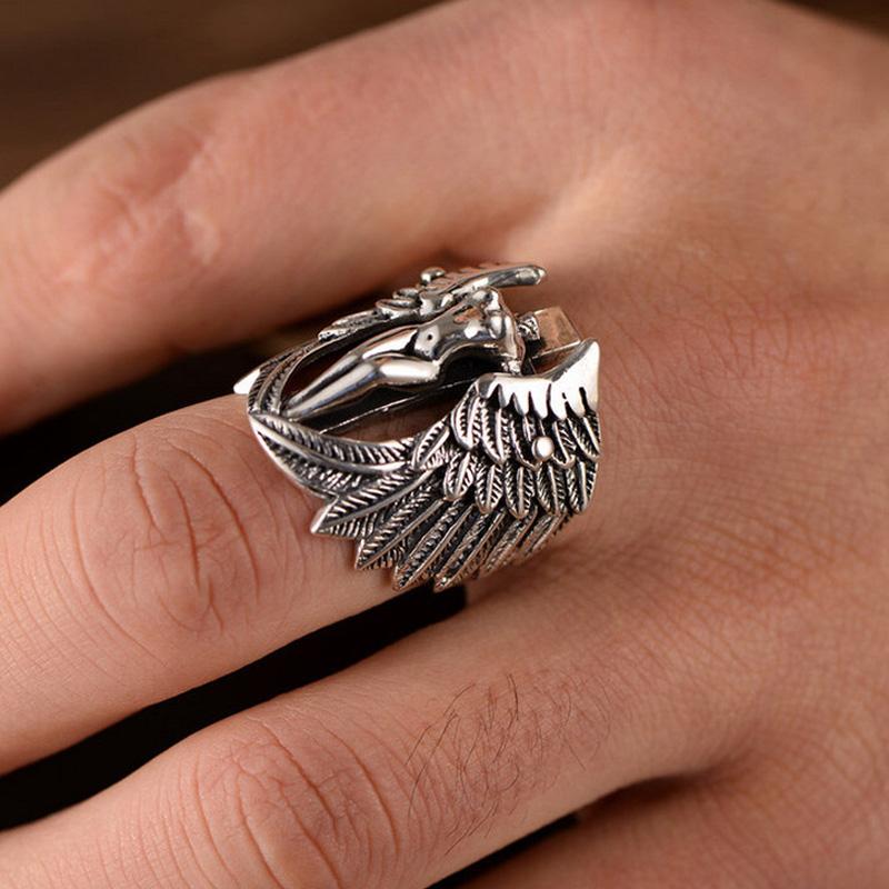 Retro Cross Angel Wings Ring For Men Silver Color Punk Gothic Open Ring Handmade Rock Hiphop Unisex Jewelry Accessories Man Gift