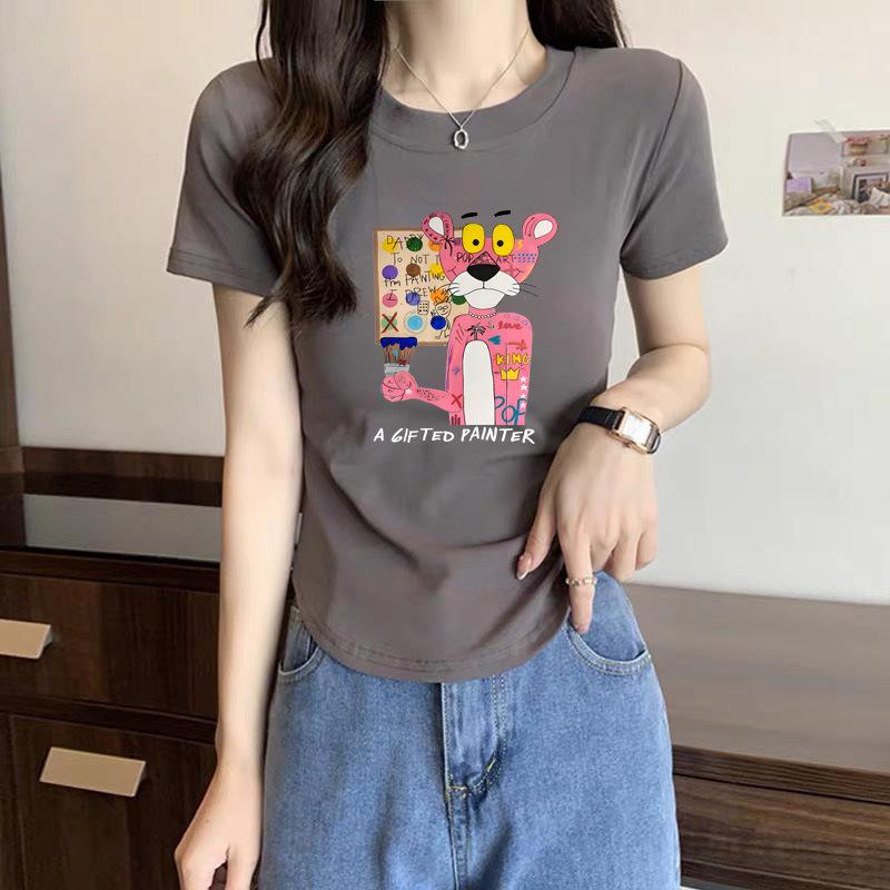 2025 Sommer weiß Baumwolle kurzärmlig Cartoon-Print T-Shirt Damen Saum geschwungen kurzärmlig vielseitiges Unterzieh-Top Damen Trend