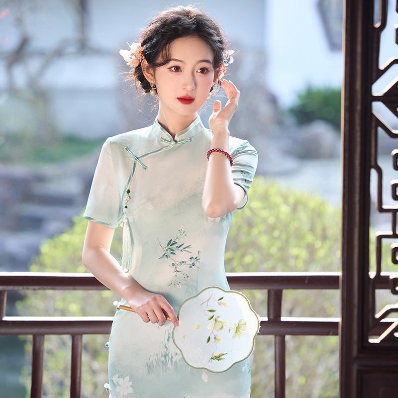2025 Summer Elegant Long Cheongsam - Young Style with Stand Collar & Slit