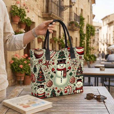  Christmas Snowman Printed Tote Bag Large Capacity Casual Handbag for Festive Daily Use