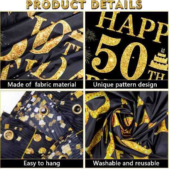 50th Birthday Decorations for Men Women - Happy 50th Birthday Banner Party Decorations Black Gold 50 Years Birthday Party Suppiles Background for