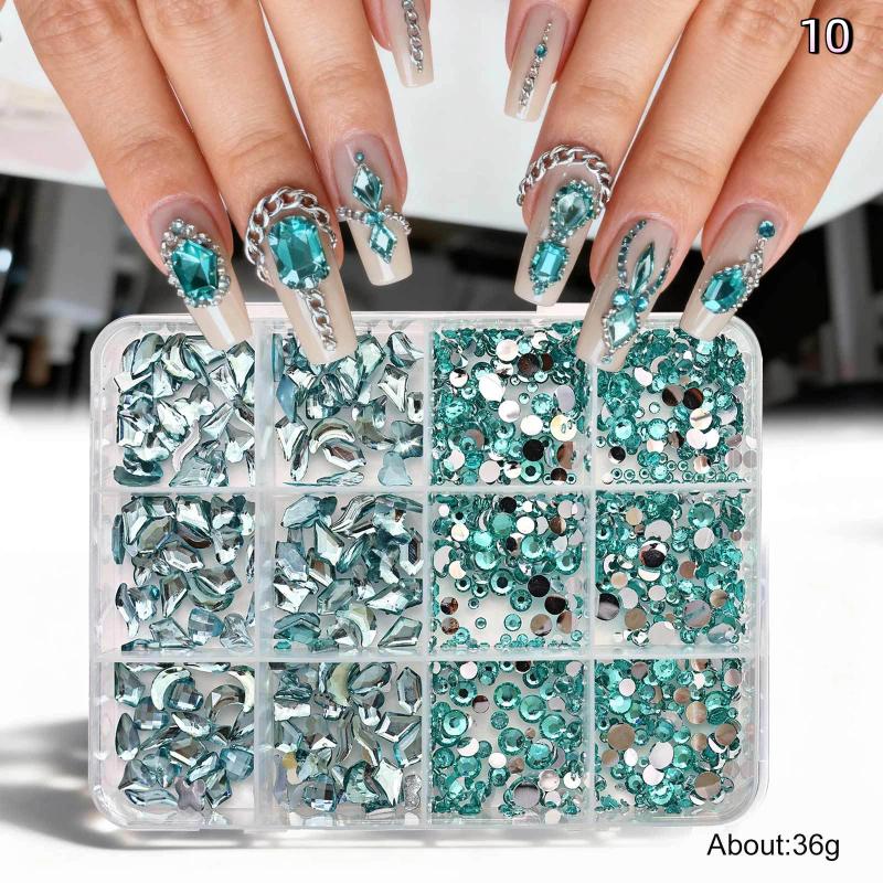 12 Grids Flat Bottom Mixed Nail Diamond 12 Color Nail Rhinestone Shiny Colorful Nail Gems Glass Stones Nail Charm