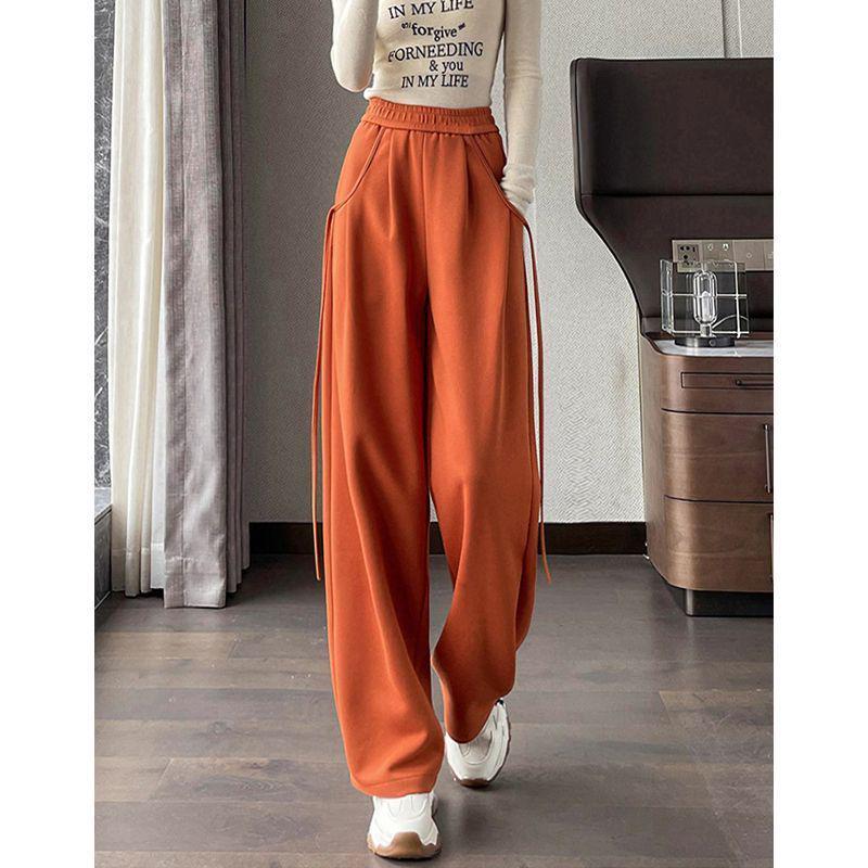 

Yellow Fleece-Lined Straight-Leg Sweatpants with Ribbon Trim - 2025 New Autumn/Winter Style 3XL