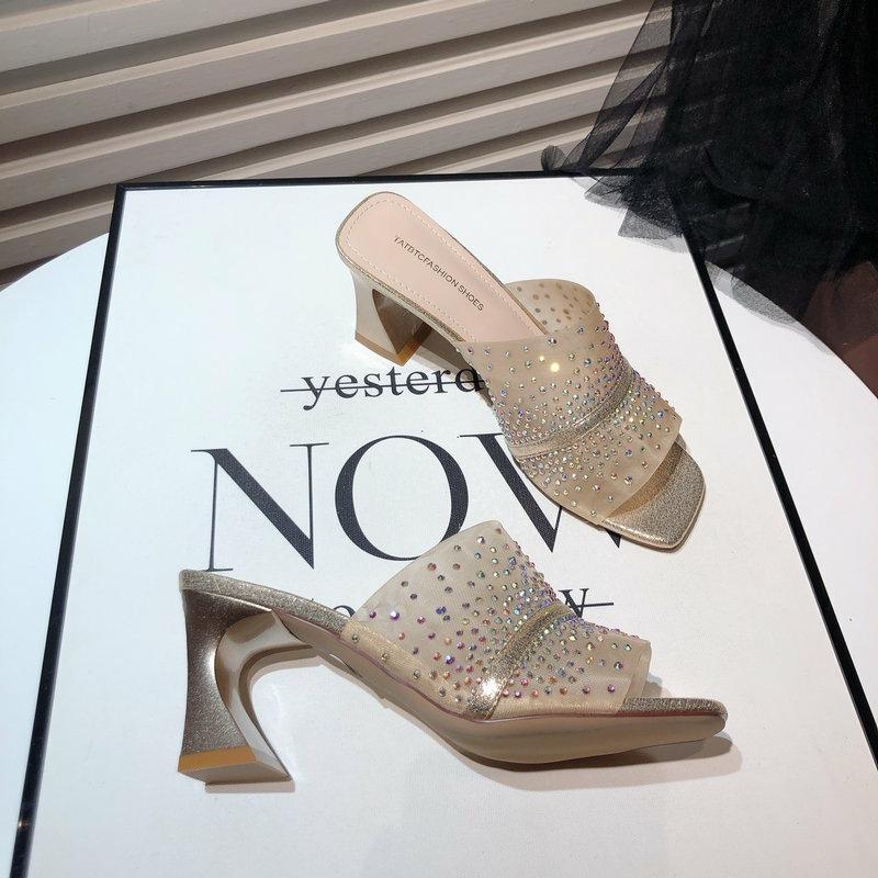 

Fish mouth high heels new summer thick heel sandals women s rhinestone mesh slippers women s outer wear 40