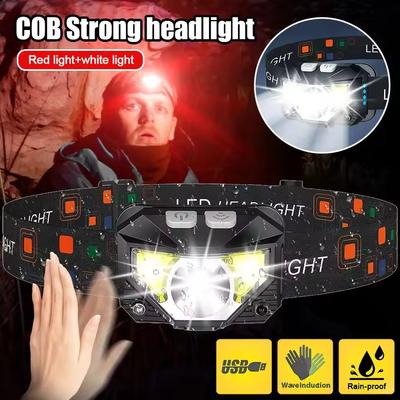 8 Modes Handfress Motion Sensor Powerful LED Headlight Headlamp Head Lamp COB Flashlight Torch Head Light for Camping, Fishing