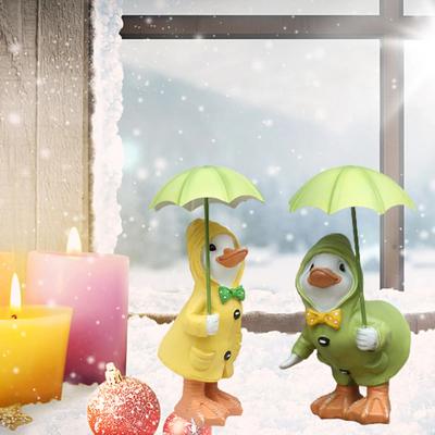 1 Pair 12cm Dilly and Dally Garden Ducks with Umbrella Resin Ornament Action Figure Room Decor Home Garden Decoration Outdoor