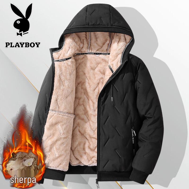 PLAYBOY Men's Thick Lamb Velvet Lined Hooded Jacket