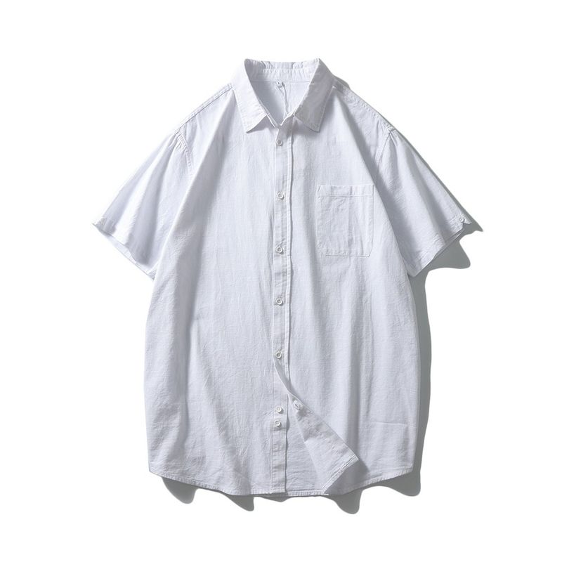 Old Money Style Linen Shirt Men's Short-Sleeved Summer Thin Loose Jacket Foreign Trade Men's Casual Cotton and Linen White Shirt