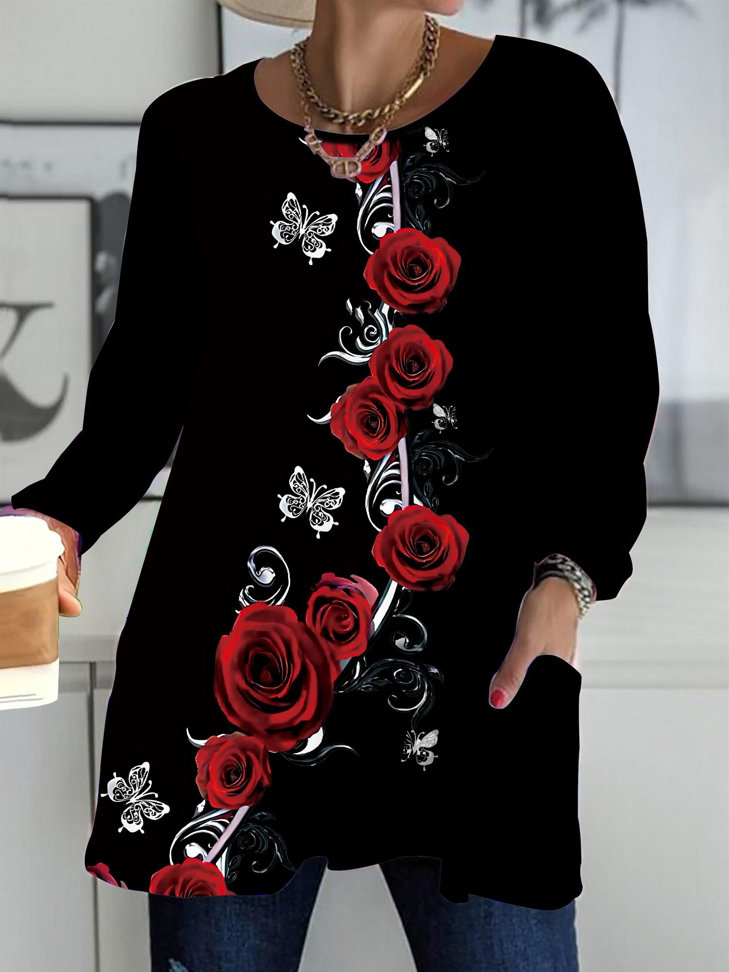 

Осень-Зима 2025 Новые Женские Топы Большого Размера, Модные Футболки с 3D-принтом цветов, с Круглым Вырезом и Длинным Рукавом 6XL красный