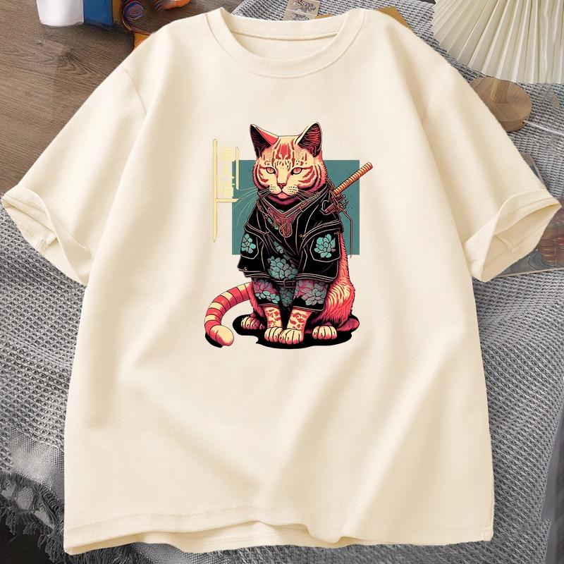Japanese Samurai Cat Tattoo Graphic T Shirt Kawaii Ninja Cat TShirt Print Cotton Short Sleeve Tshirt Unisex Clothing Top Camisetas