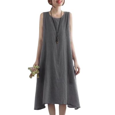 Summer Maxi Solid Plus with Crew Super Resort Dark [SDSXZWG] Women's Dress, Cotton-Linen, Sleeveless, A-Line, Flattering, Size, Neck, Lightweight,