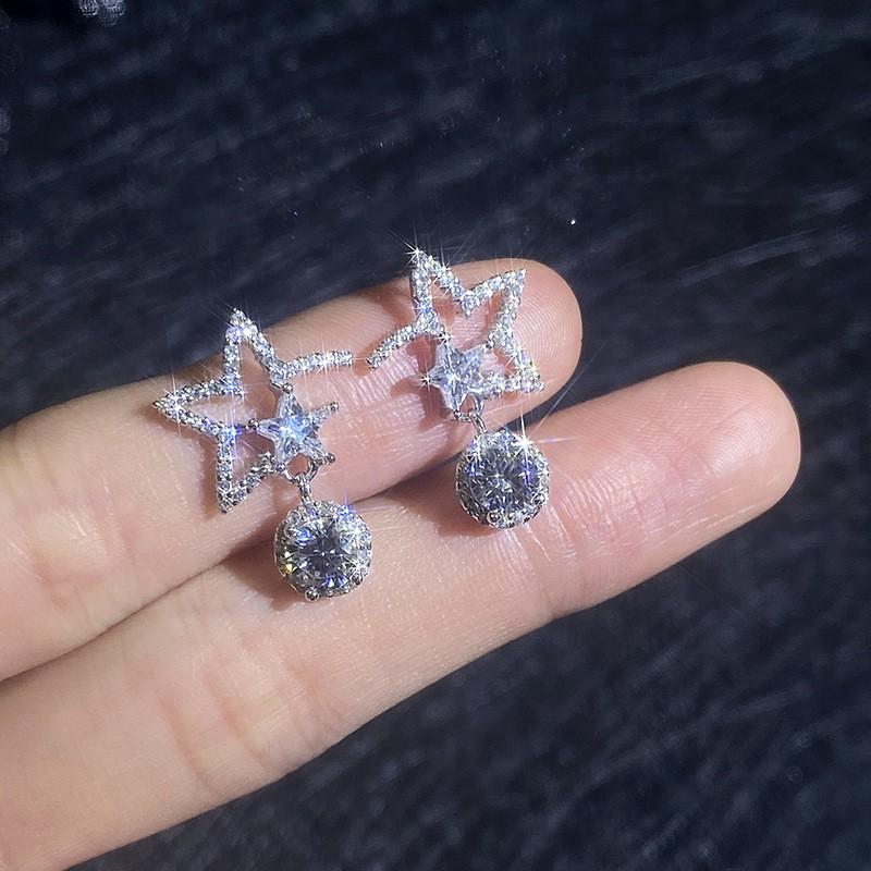Sterling Hollow Star Stud Earrings With Moissanite Zircon Full Pave Women Daily Wear