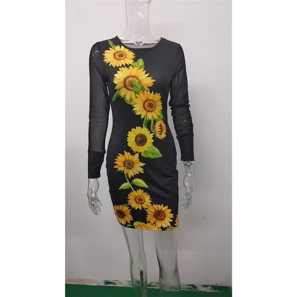 Damekjole i mesh med lange ermer, V-hals, slim-fit og trykk for kvinner