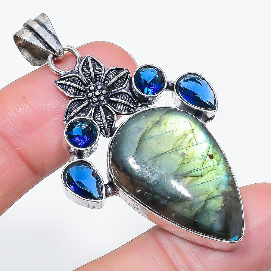 

Натуральный лабрадорит, топаз 925 стерлинговое серебро ювелирная подвеска 2,36 w0p15