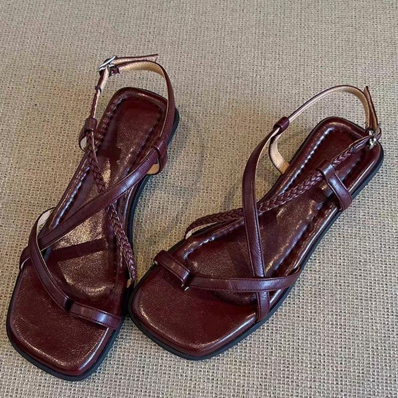 

Овчина~ Темпераментные сандалии с плетеными перекрестными ремешками с закрытым носком, женская модная ниша, обувь на толстом каблуке, снижающая возраст, универсальная 39