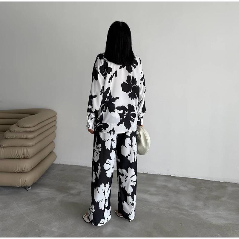 Tištěný volný ležérní set dámská košile s dlouhým rukávem kalhoty se širokými nohavicemi dvoudílný set na dojíždění jaro a léto