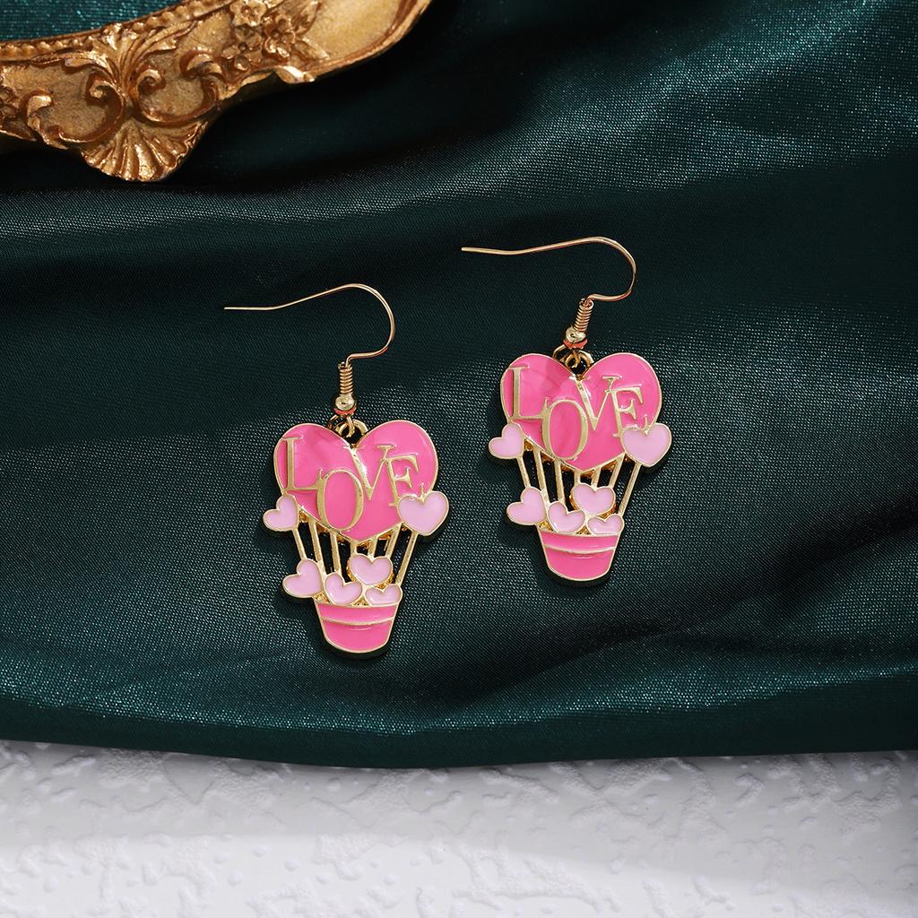 Japanese Pink Peach Heart Checkered Hot Air Balloon Rainbow Ear Hook, Light Luxury High-End Sweet Girl Earrings