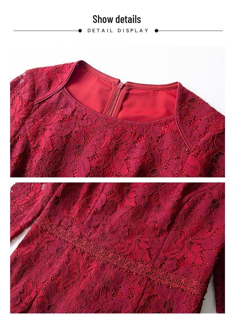 Summer 2023 Wine Red Lace Dress with Seven-Sleeve for Elegant Young Mothers