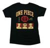 One Piece New Adult T-Shirt - 3 Characters Below Red Skeleton Cross Bones & Name