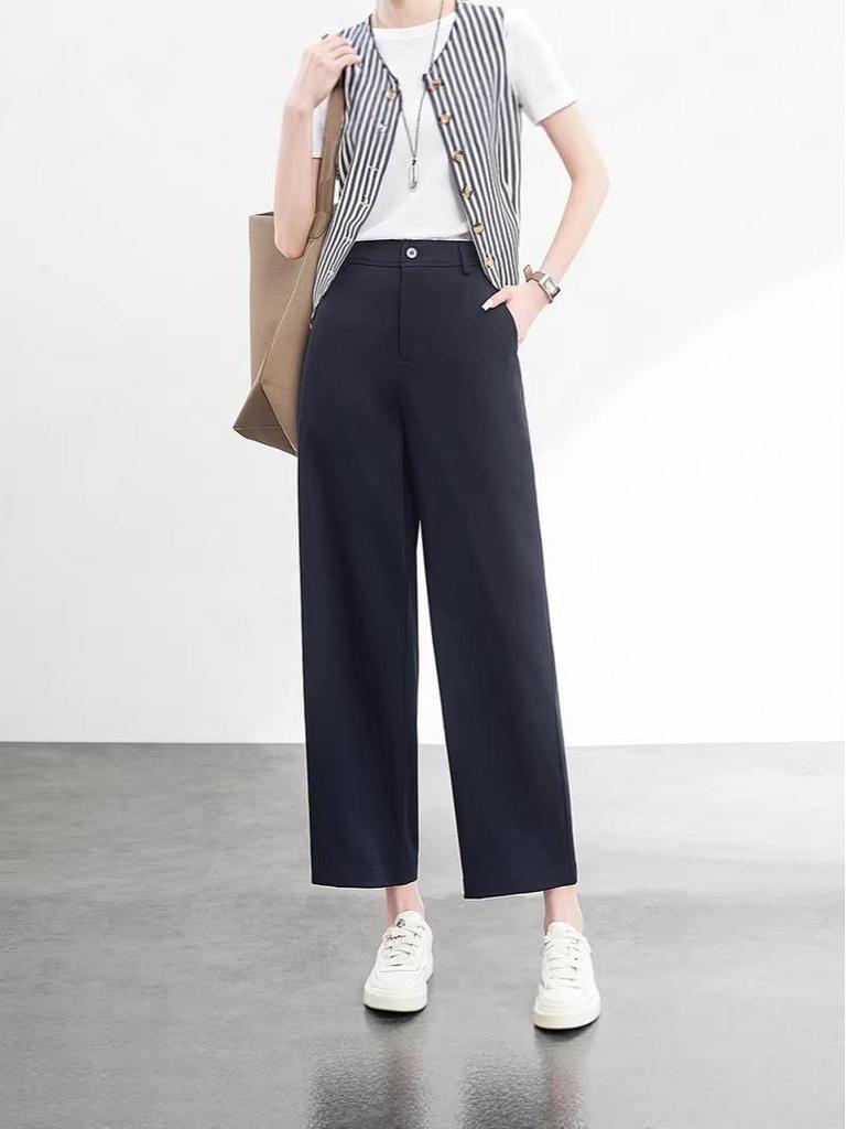 Khaki High-Waisted Wide-Leg Suit Pants for Women - Spring/Summer Slimming Petite Fit