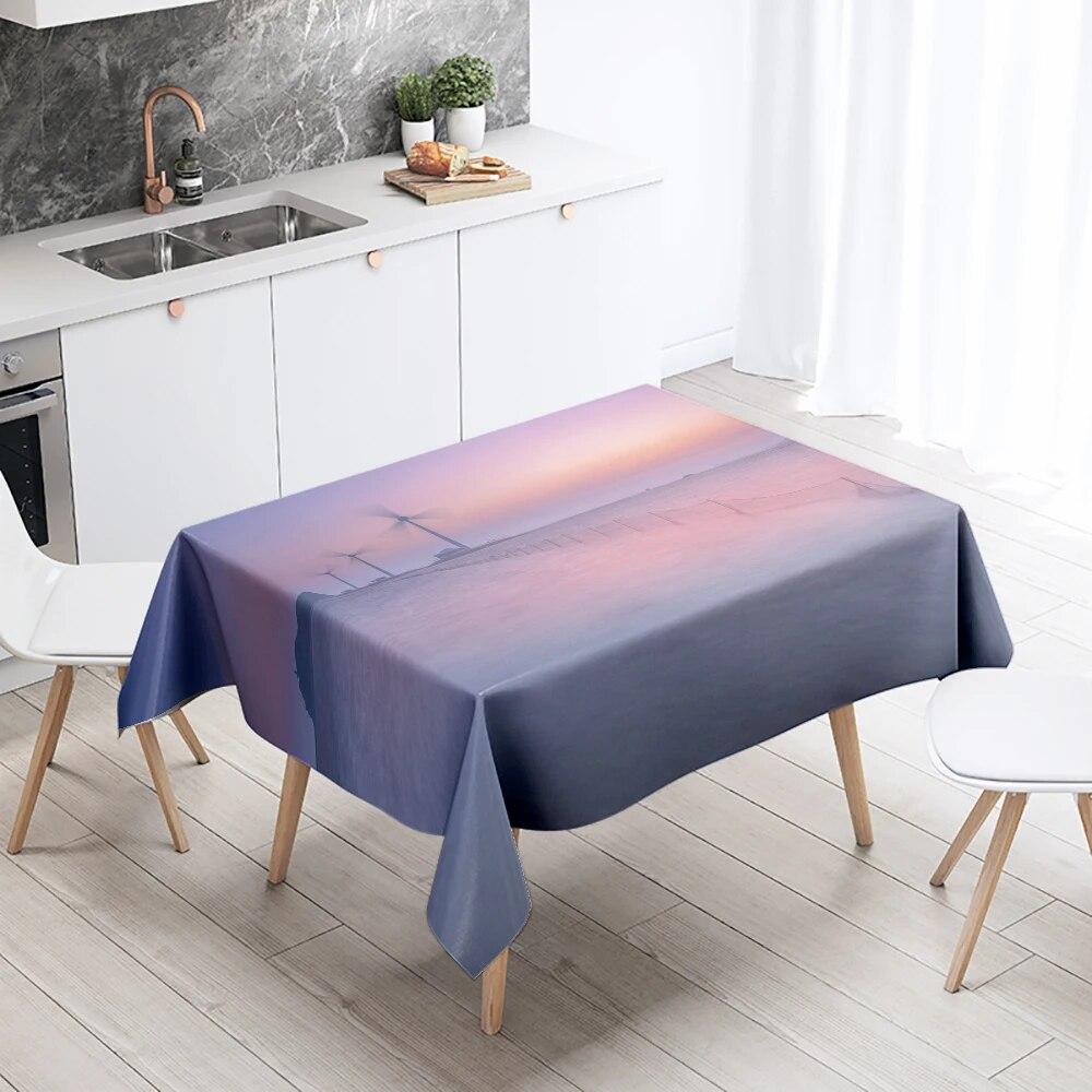 Sunset Windmill Scenery Tablecloth Party Restaurant Banquet Decor Stain Resistant Waterproof  Home Table Decoration