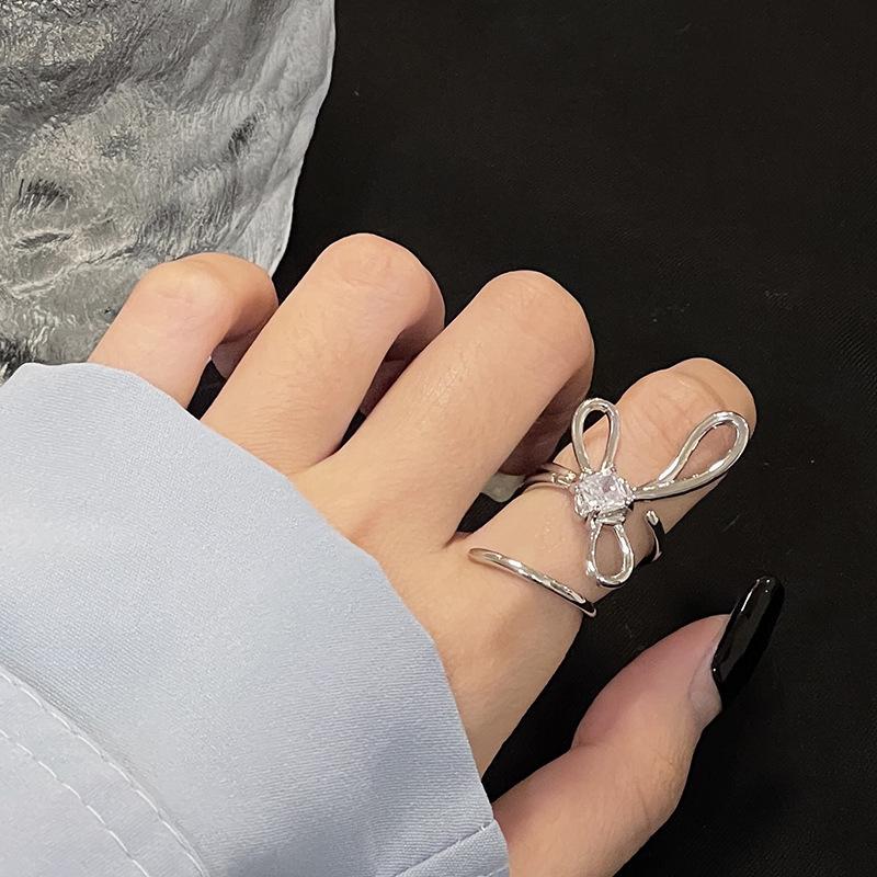 Bow Personality Geometric Line Open Ring Female Zircon Premium Light Luxury Niche Design French Ring