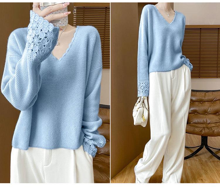 Women's 100% Pure Wool V-Neck Lace Long Sleeve Loose Sweater - Autumn/Winter 2025 Collection