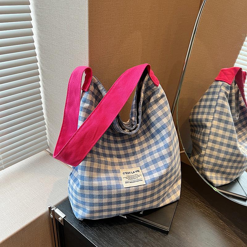 Women Contrast Color Lattice Magnetic Buckle Bucket Bag Leisure Canvas Cloth Shoulder Bags Tote Handbag