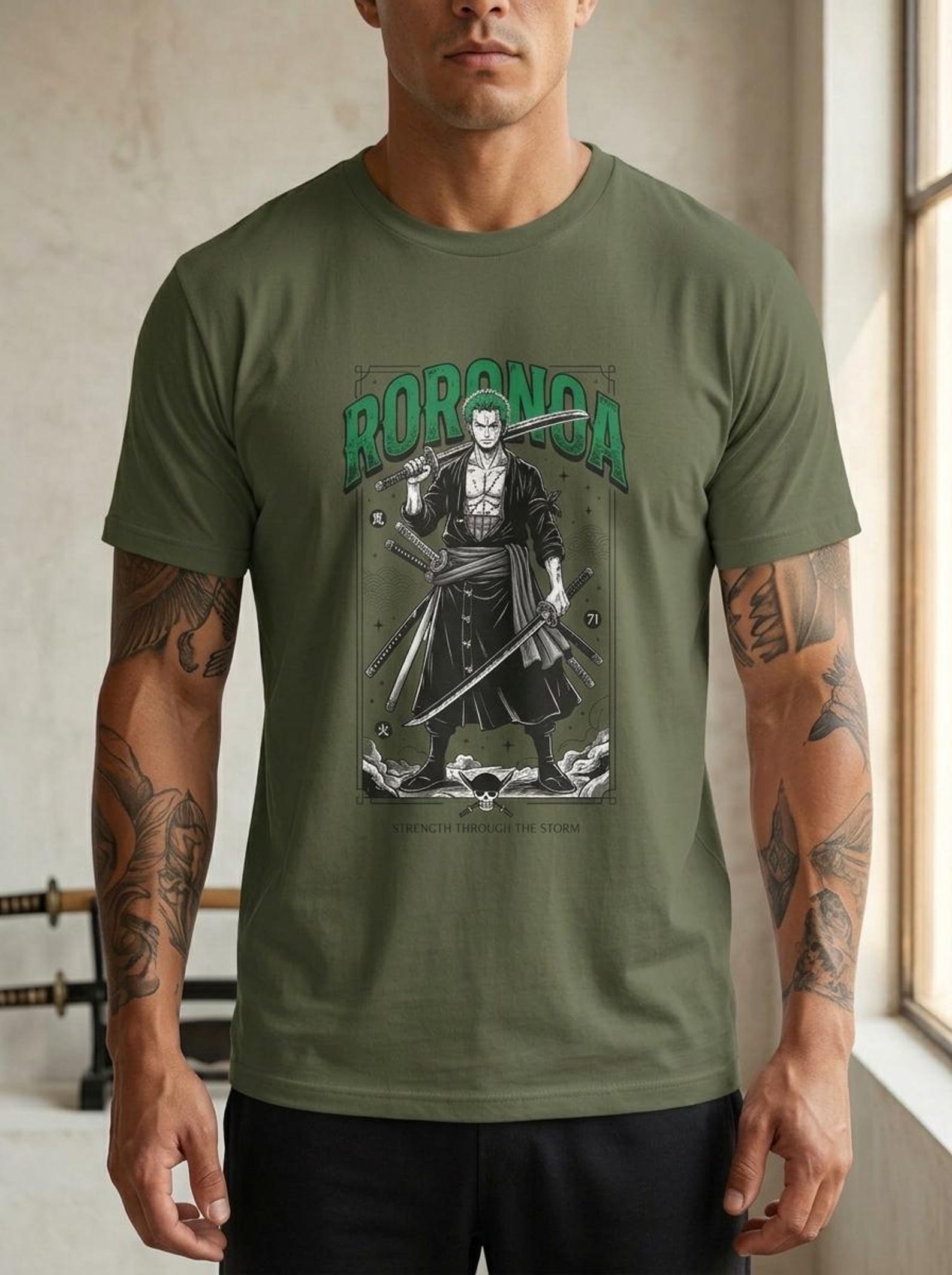 Samurai Character Illustration T-Shirt | Anime Swordfighter Tee S