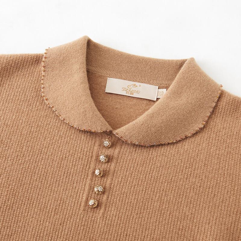 TUHUANG Women's Pure Wool Puff Sleeve Turn-Down Collar Knit Sweater