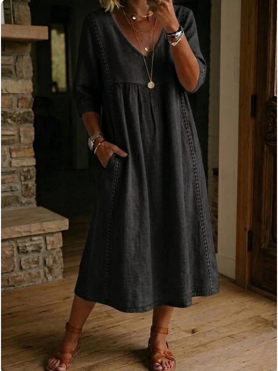 European & American Casual V-Neck Patchwork Lace Trim Linen-Cotton Dress, 2026 Collection L чёрный