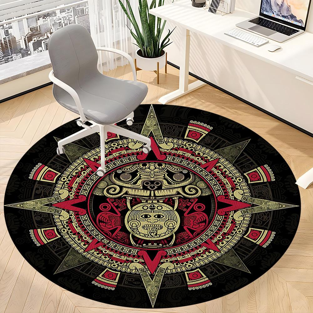1PC Mayan Calendar Aztec Sun Office Round Area Rug, Mat Suitable For Office, Under Office Chairs Bedroom Living Room Home Decor, Room Deco