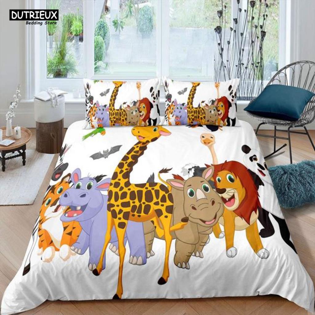 Elephant Comforter Cover Cute Cartoon Animal Paradise Bedding Set Boys Girls Kids 3D Animal World Queen Polyester Duvet Cover