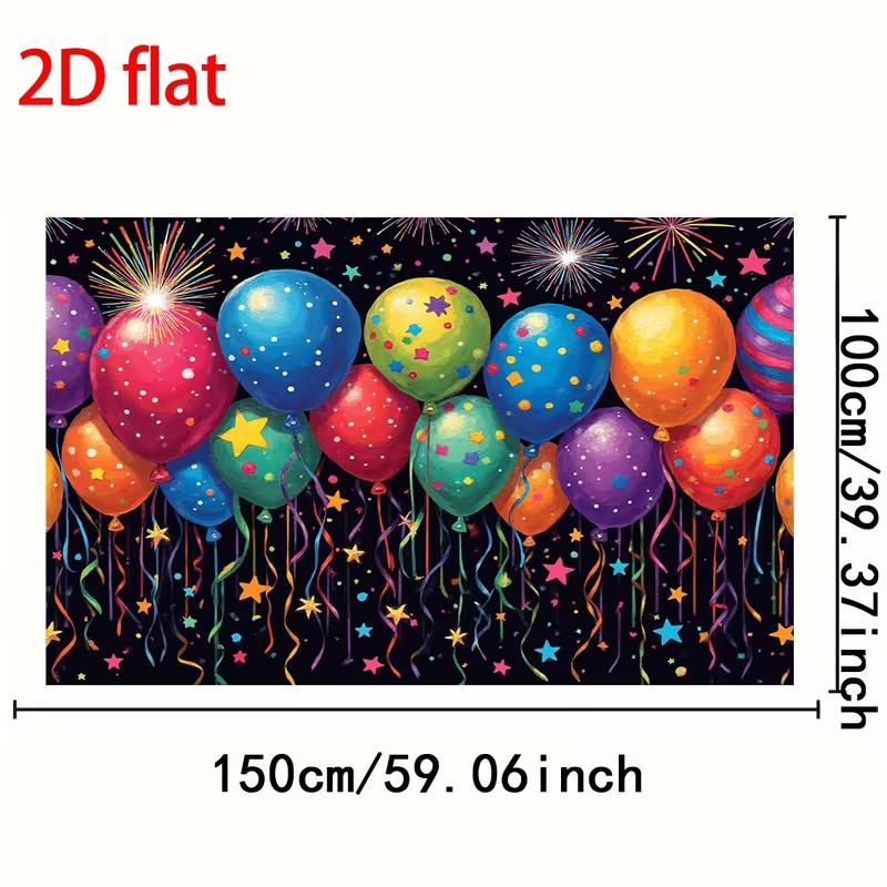 2D Kids Party Backdrop, Bright Balloons with Confetti and Fireworks Decoration Background