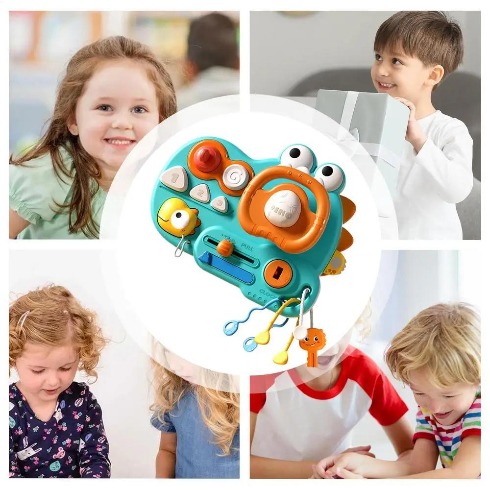 Non-Toxic Baby Multi-Functional Dinosaur Steering Wheel Toy Pull String Sensory Montessori Teething Activity Educational Toy For Baby Gift