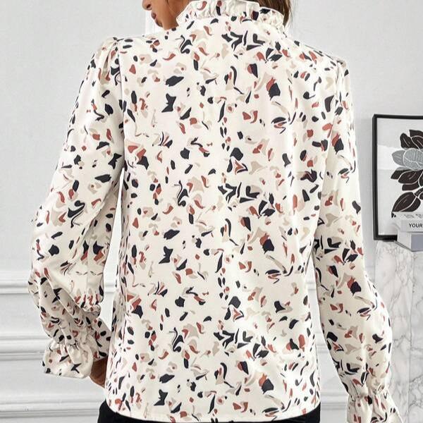 Kvinner Vår Høst Langermet Ruffles Stand Collar Printed Skjorte Bluse Topp