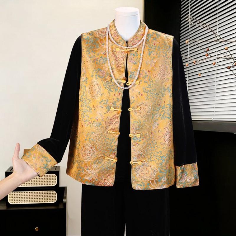 

Spring 2026 Chinese Style Velvet Suit for Middle-Aged & Elderly Women - Three-Piece Set with Vest XL [90-105 lbs]