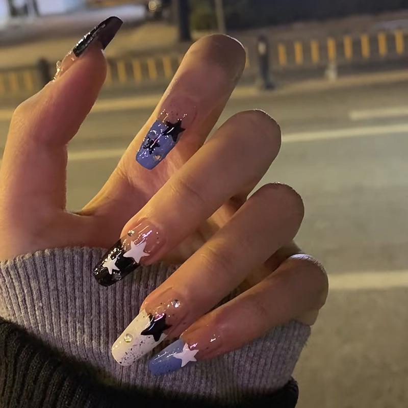 

French Style Press-On Nails: Black, White, Purple with Rhinestones & Stars, Ins-Inspired JP2612 [Glue Version]