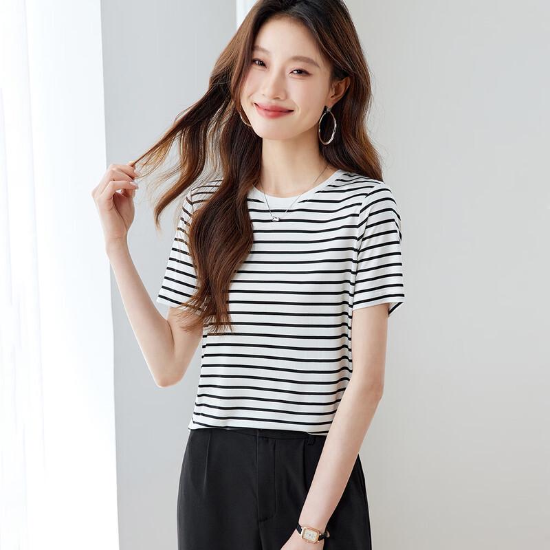 

Srcr Women s 100% Silk Striped Short Sleeve T-Shirt L