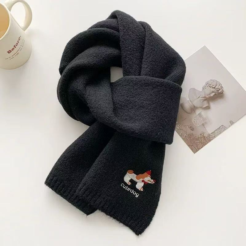 Japanese Cartoon Cute Embroidered Puppy Scarf Female Autumn and Winter Fashion Warm Student Versatile Knitted Neck Scarf