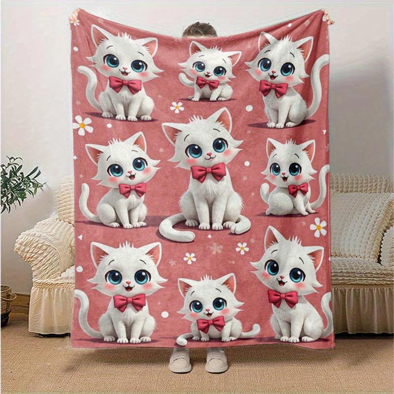 1PC Cute White Cat with Bowknot Cartoon Blanket, for Decorating Your Own Sofa and Living Room, Super Soft Flannel, for All Season Use, Bed,