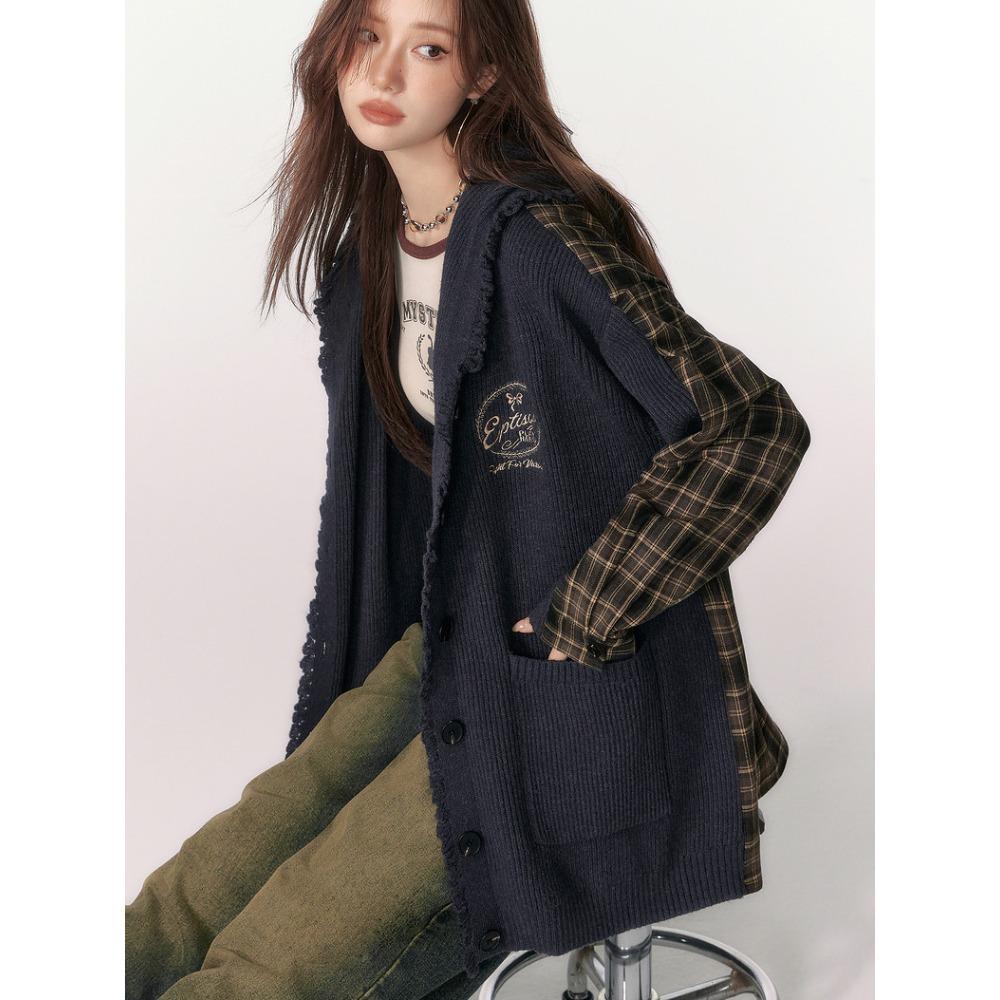 

DIMANAF 2025 Новая куртка Женские свитера Клетчатое пальто Лоскутный кардиган Вязание Карманы Свитер One Size синий