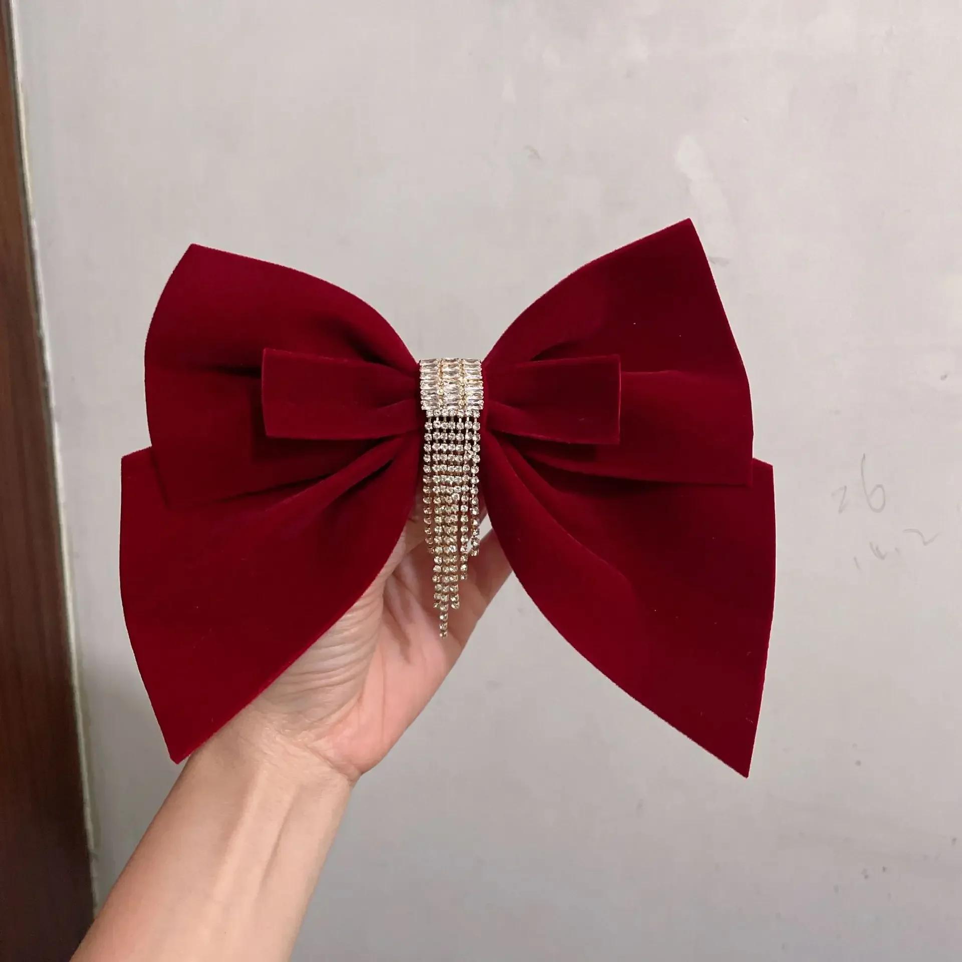 Elegant Red Fabric Velvet Bow Hair Clips Tassel Crystal Hairpins Spring Clips Handmade Headdress Wedding Hair Accessories